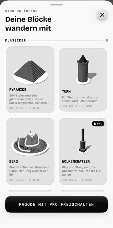 Actual theMonolith structure picker showing pyramid, tower, mountain and skyscraper