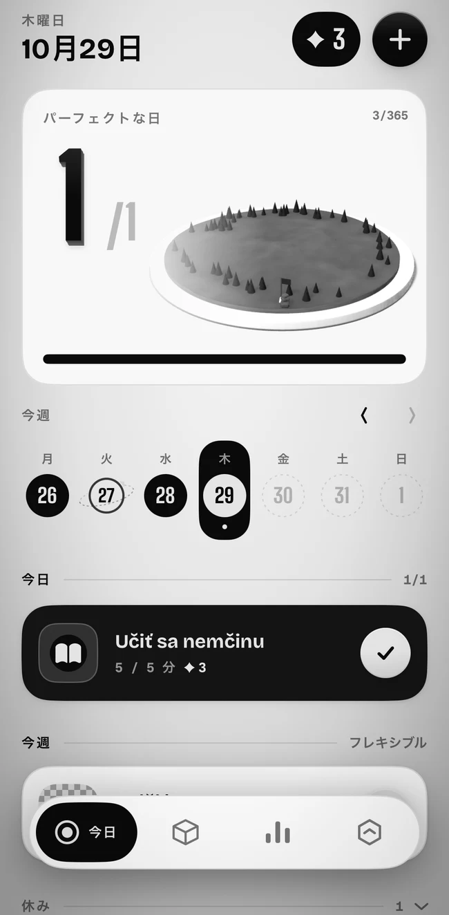A completed habit in theMonolith, with a mountain monument and weekly calendar above it