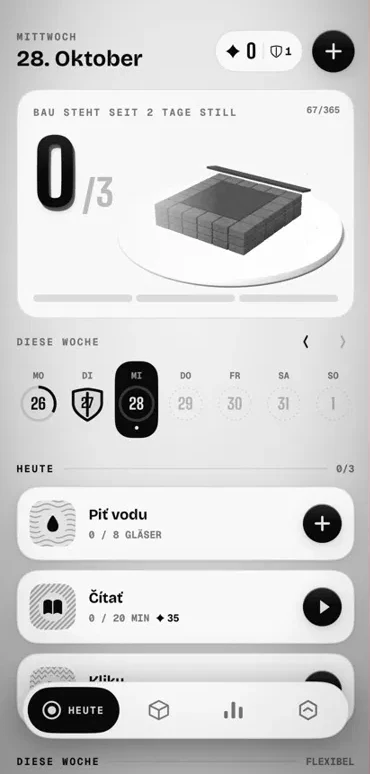 theMonolith daily view showing a growing monument and habits with count and timer controls